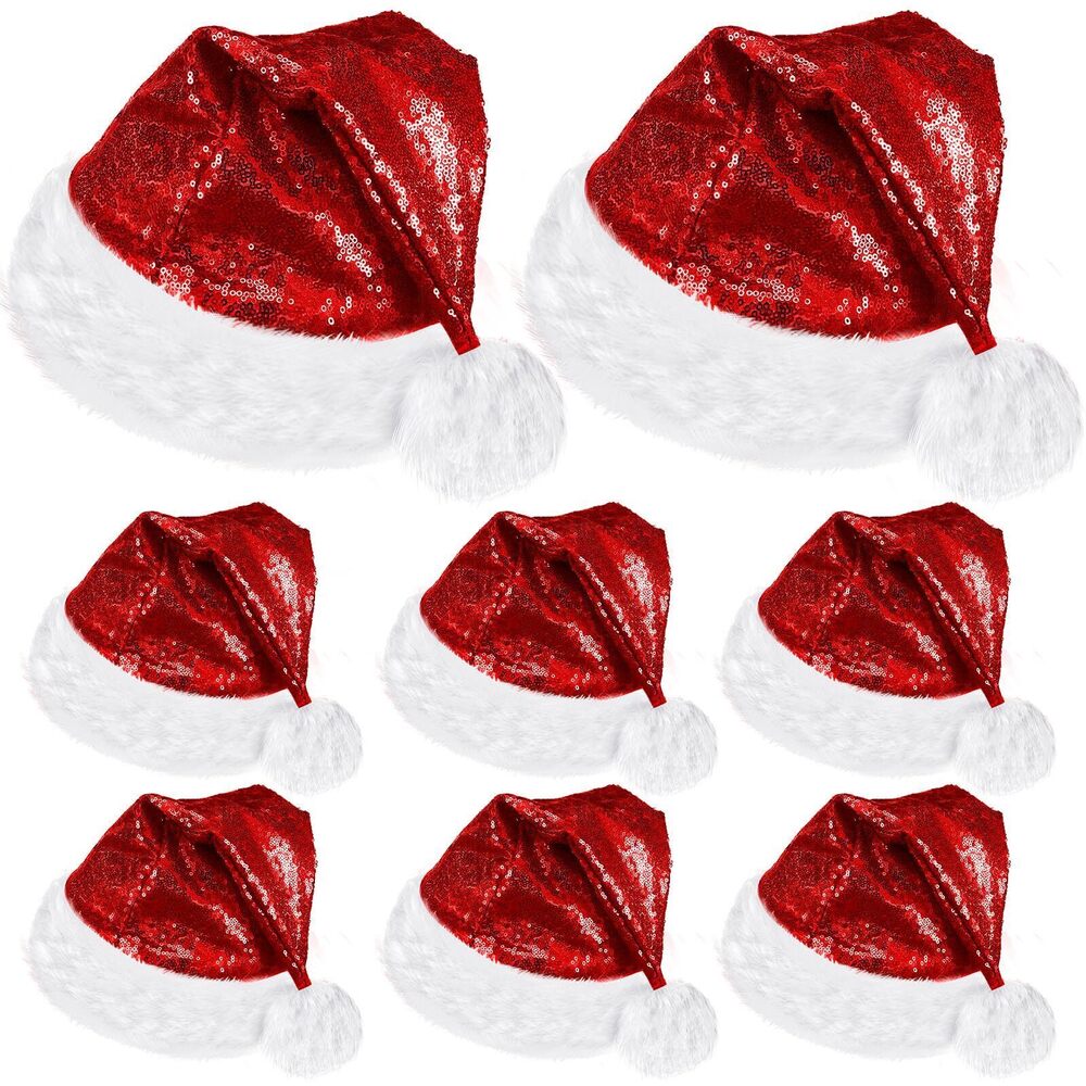 4422 8 Pcs Christmas Santa Hat for Adults Unisex Velvet Sequin Santa Hat